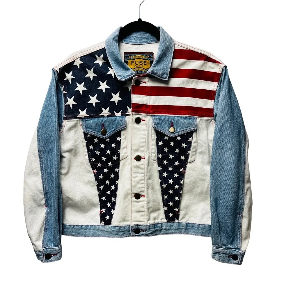 Fuse Paris M Denim Bomber Jacket USA Flag‎ Stars Stripes Trucker Moto VTG Unisex